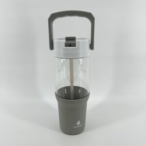 Manna Jasmine 32 oz Glass Tumbler Grey Silicone Sleeve Flip Up Straw Handle EUC